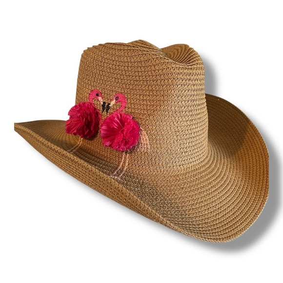 Straw Hat with Pink Flamingos with Pom Poms, Super Cute, NEW - Picture 1 of 5